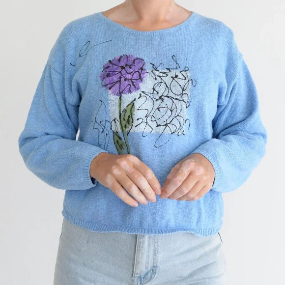 Vintage Victoria Blue with Purple Floral Knit Scoop Neck Cropped Sweater S - Picture 2 of 9